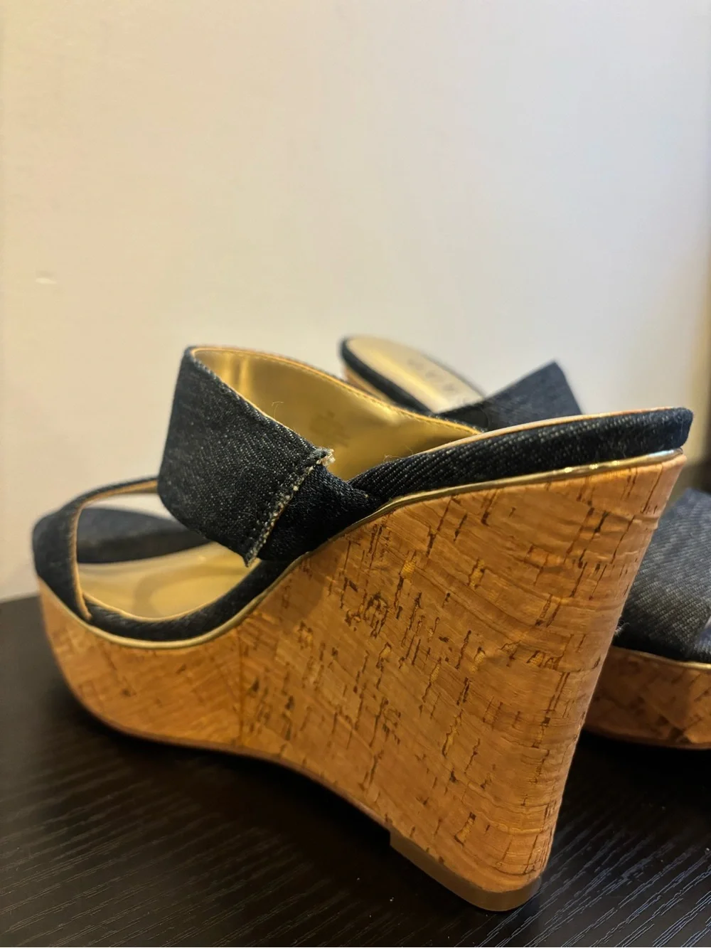 GUESS Denim Double-Strap Cork Wedge Sandals - Blue